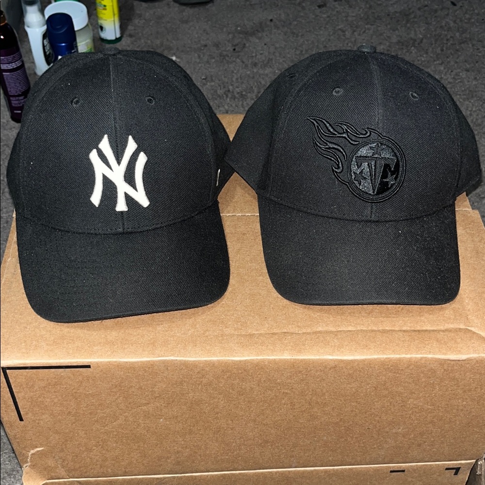 47 Brand Black Caps with White and Black Emblems